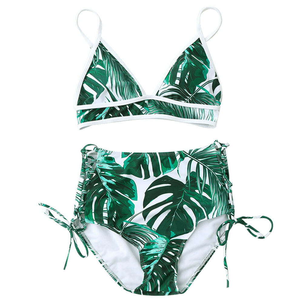 Y2K Aesthetic Leaf High Cut Cami Print Bikini for Niche Women Fashion