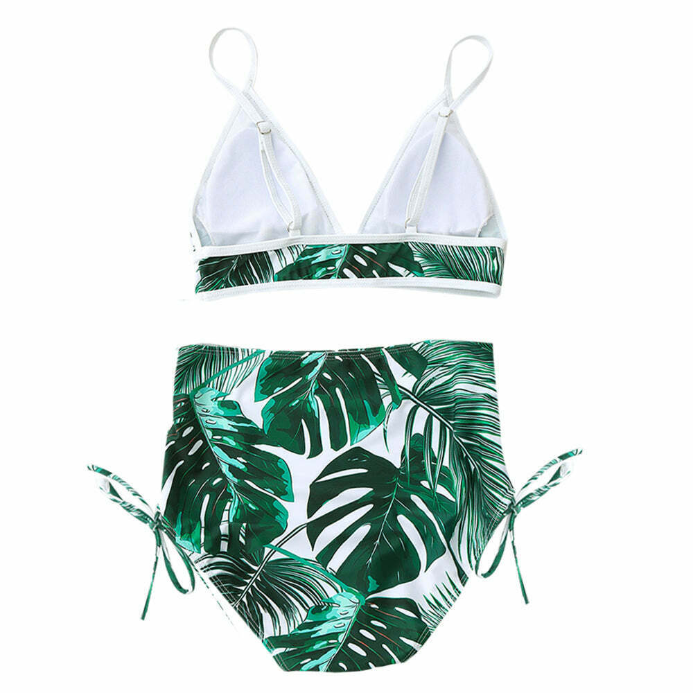 Y2K Aesthetic Leaf High Cut Cami Print Bikini for Niche Women Fashion
