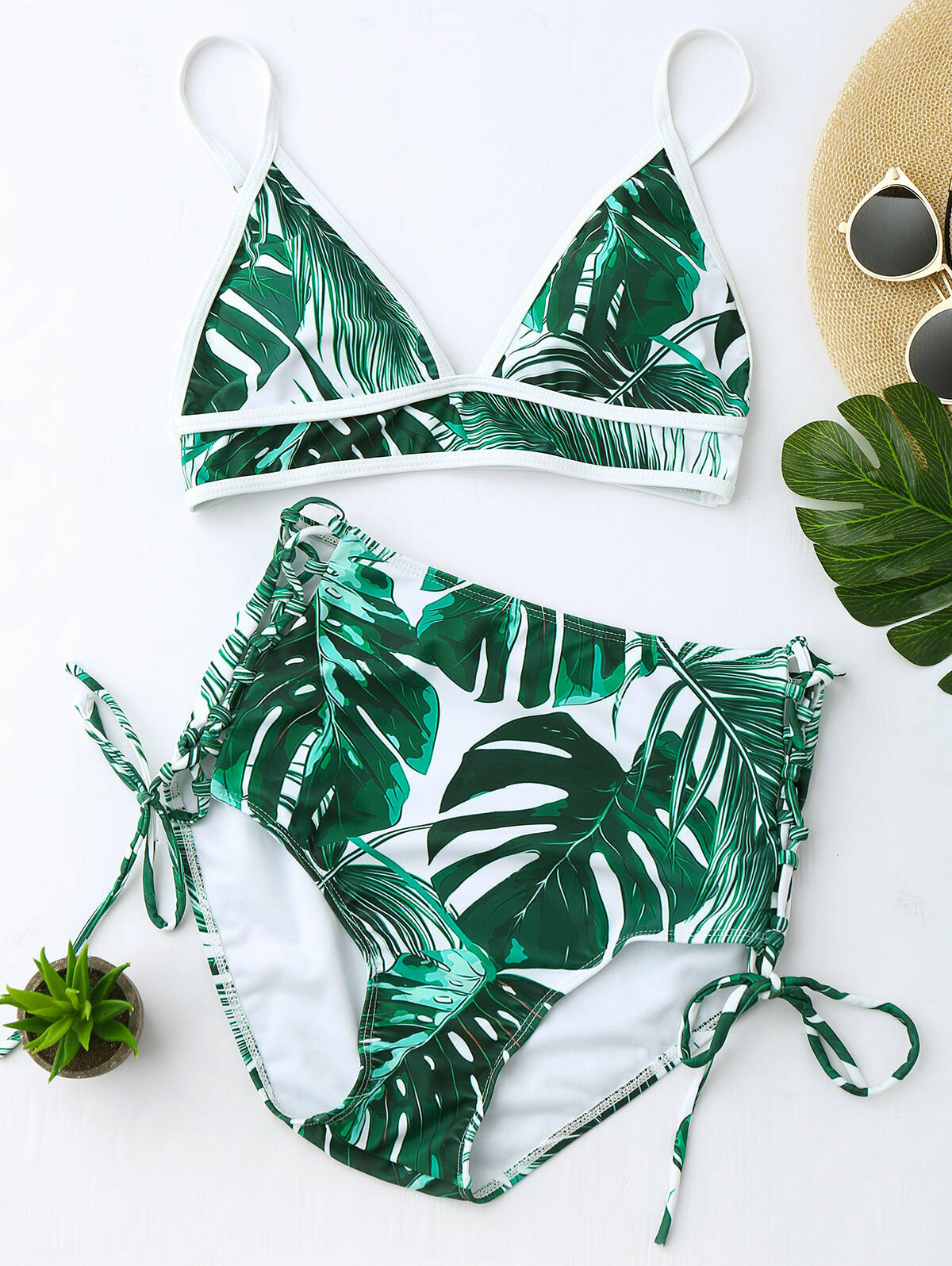 Y2K Aesthetic Leaf High Cut Cami Print Bikini for Niche Women Fashion