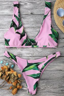 Y2K Aesthetic Leaf Print Pullover Scoop Bikini Set