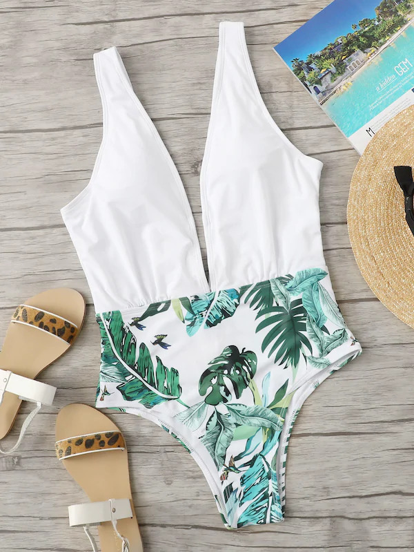 Y2K Aesthetic Leaf Print Swimsuit for Women - Coquette Style Grunge Fashion