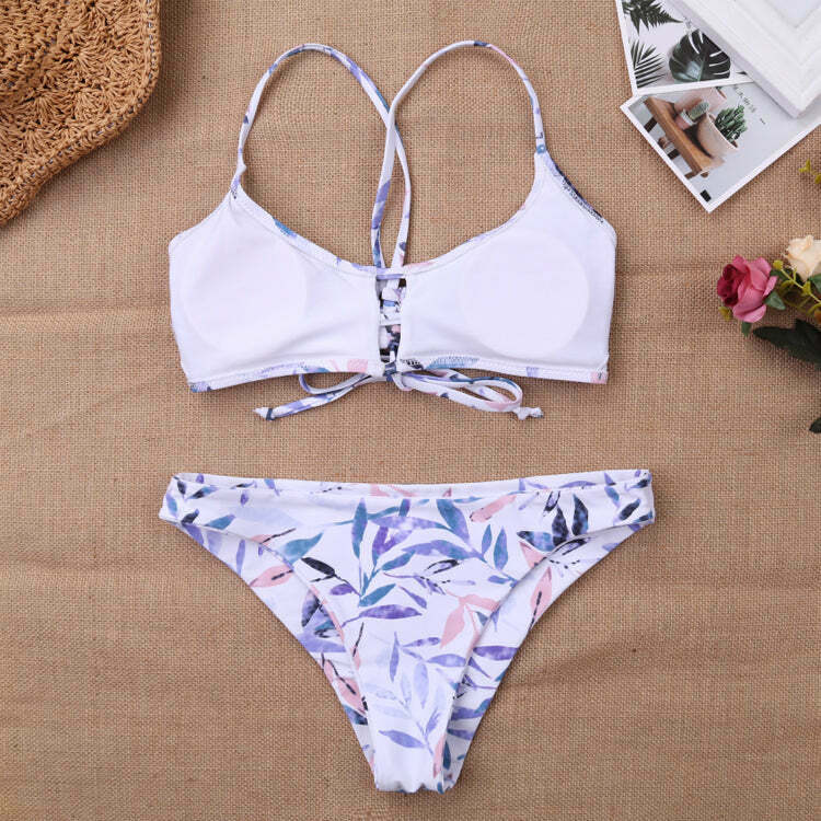 Y2K Aesthetic Leaf Spaghetti Straps Bikini Set for Women - Coquette & Grunge Style Fashion
