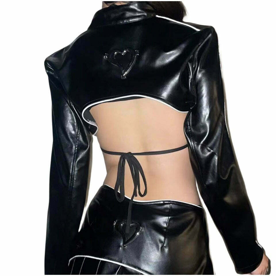 Y2K Aesthetic Leather Short Jacket: Coquette & Grunge Style, Cute Tops, Cargo Skirt, Pastel Goth
