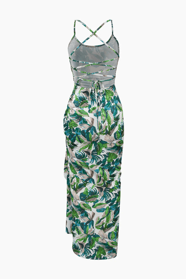 Y2K Aesthetic Leaves Print Midi Dress with Cross Tie Back - Coquette Style for Women's Fashion