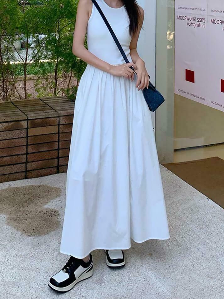 Y2K Aesthetic Leisure Crew Neck Long Dress - Coquette Style for Women's Fashion