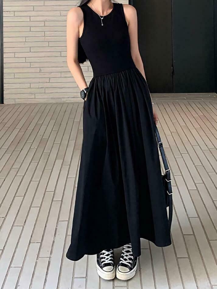 Y2K Aesthetic Leisure Crew Neck Long Dress - Coquette Style for Women's Fashion
