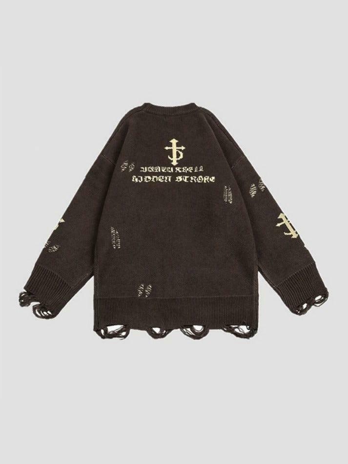 Y2K Aesthetic Letter Jacquard Pullover Sweater with Ripped Holes - Women's Fashion