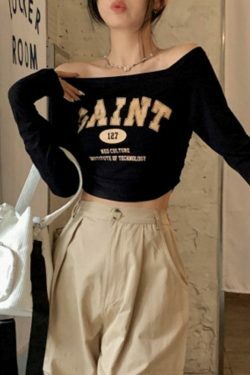 Y2K Aesthetic Letter Print Off Shoulder Tee for Women - Coquette Grunge Style Fashion Top