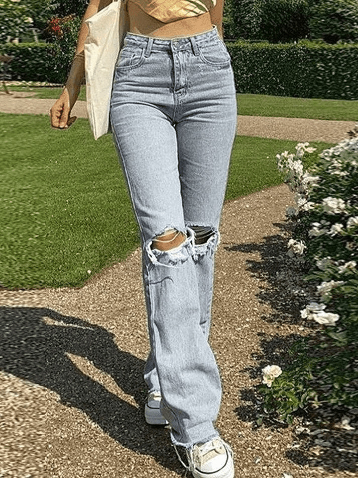 Y2K Aesthetic: Light Wash Ripped Jeans - Coquette Fashion with Grunge Style
