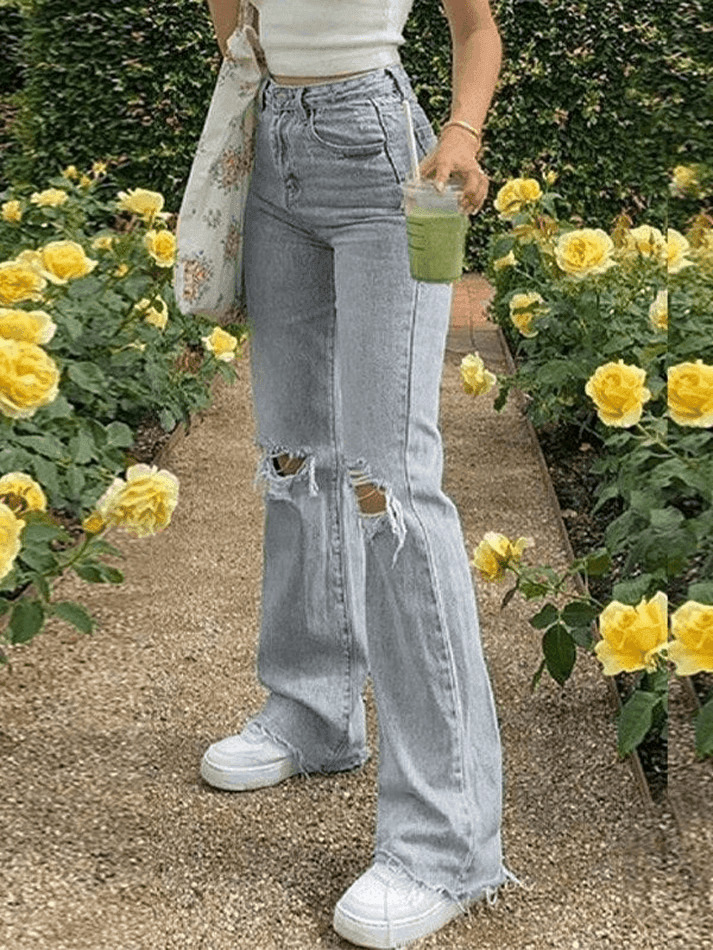 Y2K Aesthetic: Light Wash Ripped Jeans - Coquette Fashion with Grunge Style
