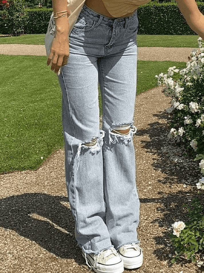 Y2K Aesthetic: Light Wash Ripped Jeans - Coquette Fashion with Grunge Style