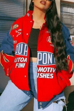 Y2K Aesthetic Logo Print Moto Varsity Jacket - Retro-inspired Grunge Style for Women's Fashion