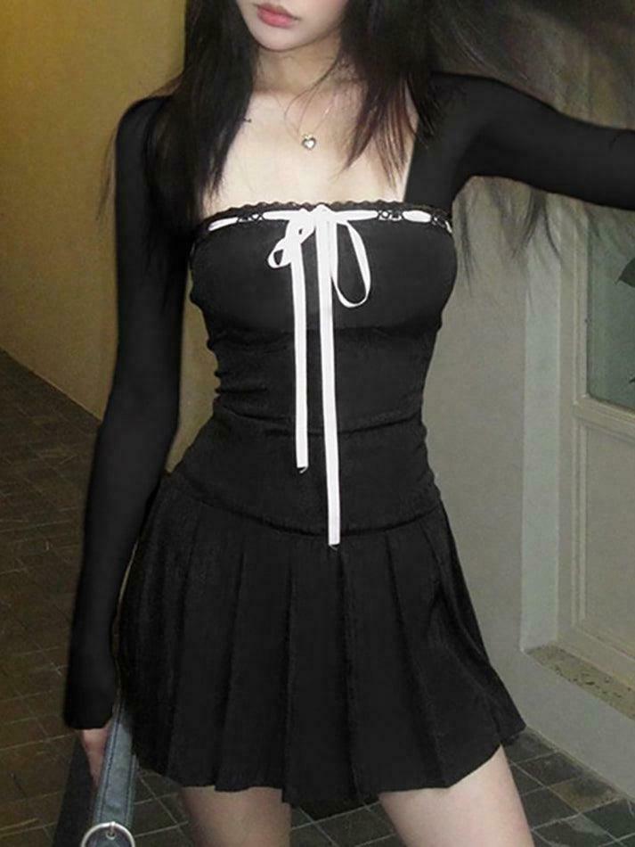 Y2K Aesthetic Long-Sleeve Square Neck Mini Pleated Dress for Women - Coquette Style Grunge Fashion