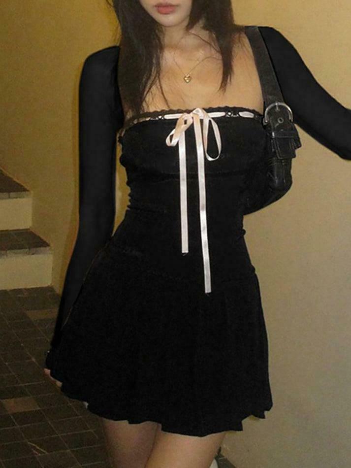 Y2K Aesthetic Long-Sleeve Square Neck Mini Pleated Dress for Women - Coquette Style Grunge Fashion
