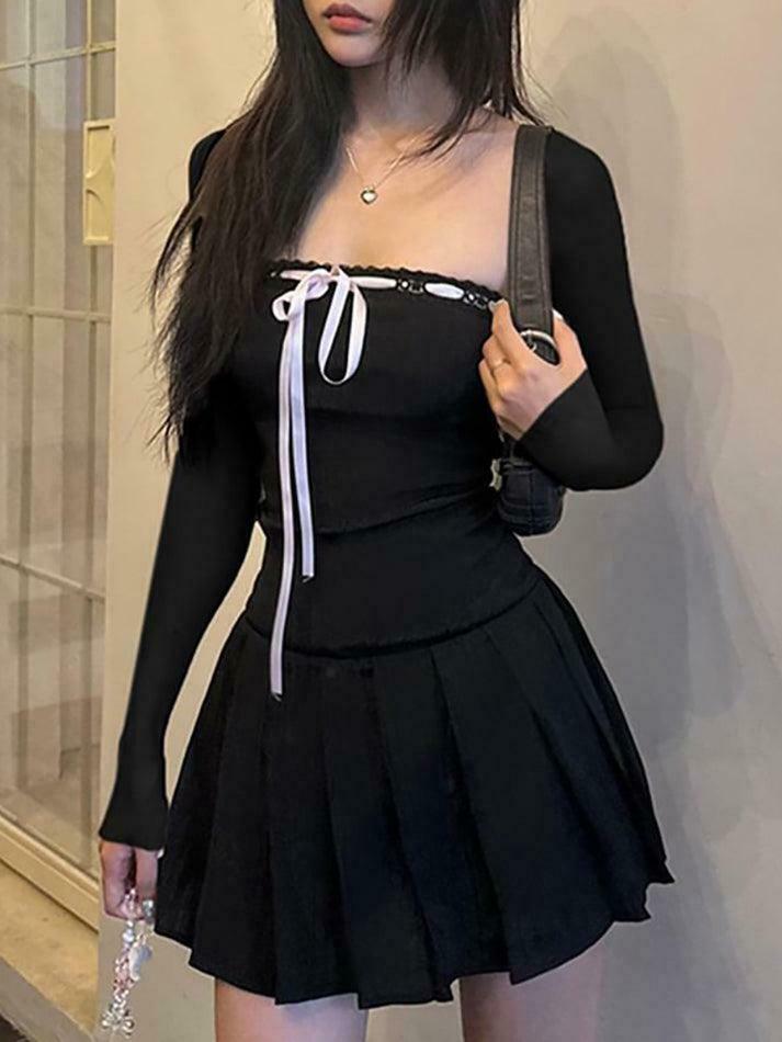 Y2K Aesthetic Long-Sleeve Square Neck Mini Pleated Dress for Women - Coquette Style Grunge Fashion