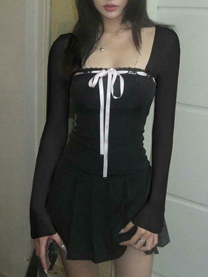 Y2K Aesthetic Long-Sleeve Square Neck Mini Pleated Dress for Women - Coquette Style Grunge Fashion