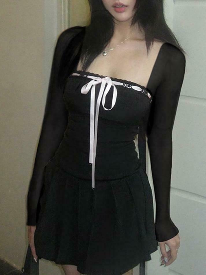 Y2K Aesthetic Long-Sleeve Square Neck Mini Pleated Dress for Women - Coquette Style Grunge Fashion