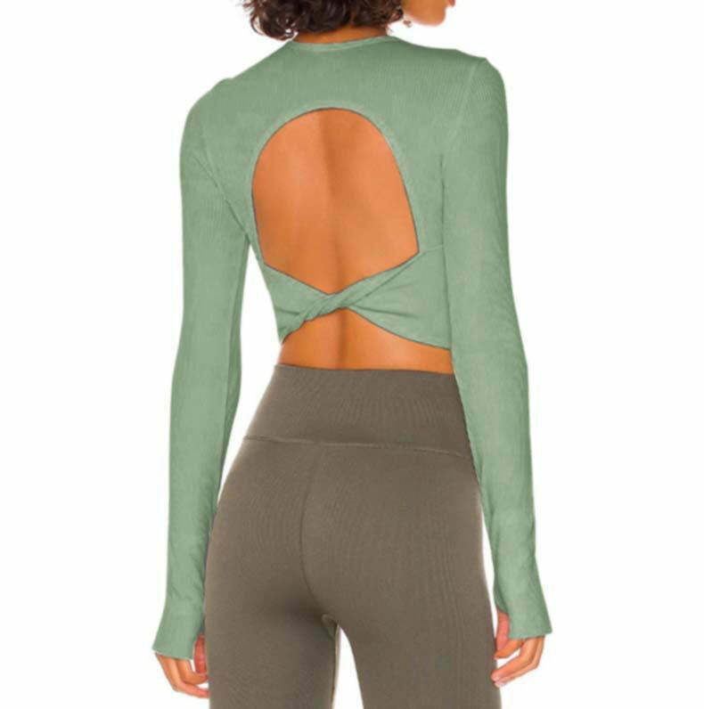 Y2K Aesthetic Long-Sleeved Threaded Yoga Belt Chest Pad Top - Coquette Grunge Style