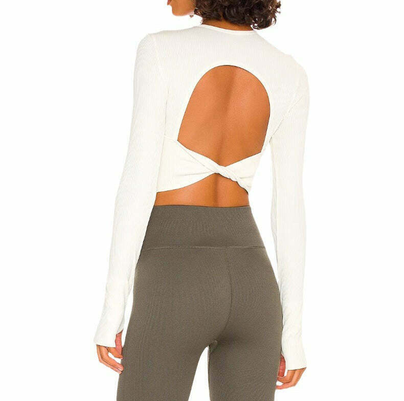 Y2K Aesthetic Long-Sleeved Threaded Yoga Belt Chest Pad Top - Coquette Grunge Style