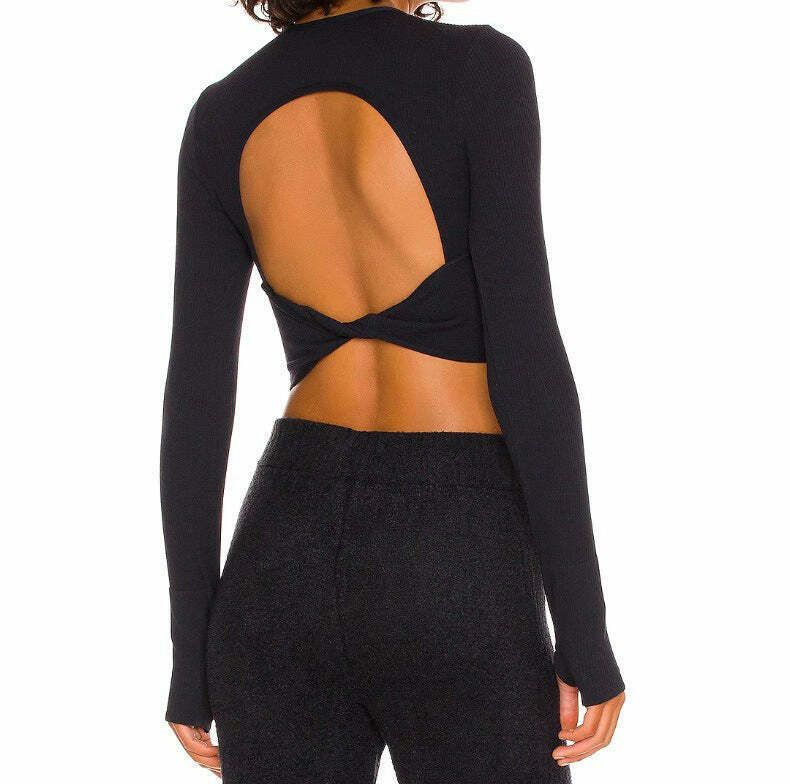 Y2K Aesthetic Long-Sleeved Threaded Yoga Belt Chest Pad Top - Coquette Grunge Style