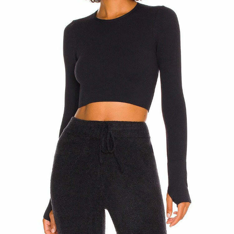 Y2K Aesthetic Long-Sleeved Threaded Yoga Belt Chest Pad Top - Coquette Grunge Style