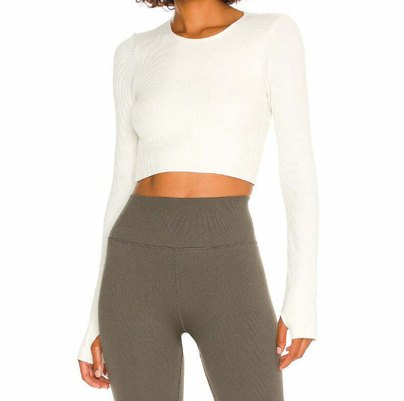 Y2K Aesthetic Long-Sleeved Threaded Yoga Belt Chest Pad Top - Coquette Grunge Style