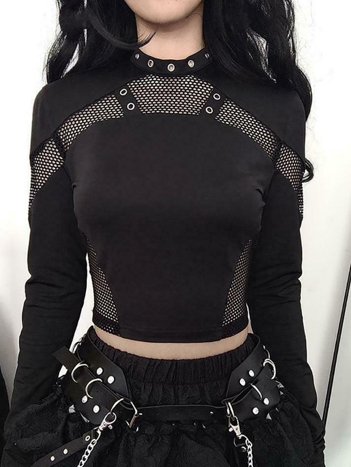 Y2K Aesthetic Long Sleeve Mesh Panel Plain Crop Top for Women - Coquette Style Grunge Fashion