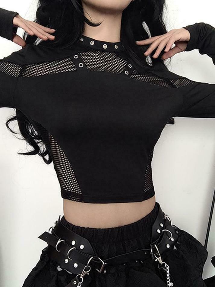 Y2K Aesthetic Long Sleeve Mesh Panel Plain Crop Top for Women - Coquette Style Grunge Fashion