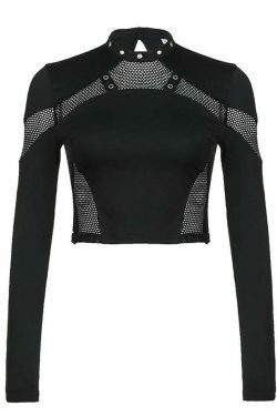 Y2K Aesthetic Long Sleeve Mesh Panel Plain Crop Top for Women - Coquette Style Grunge Fashion