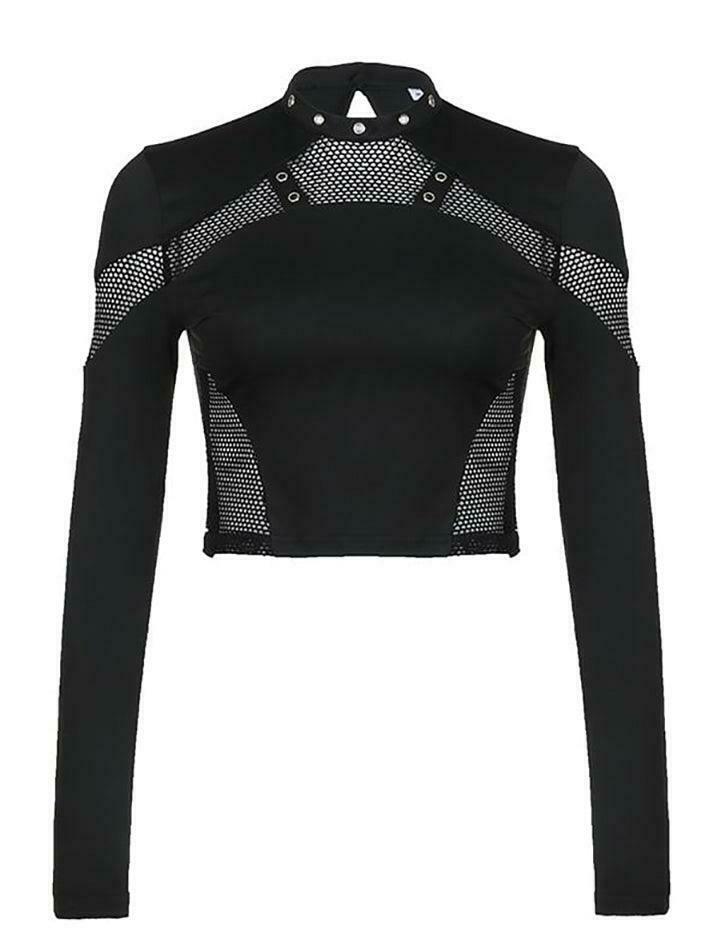 Y2K Aesthetic Long Sleeve Mesh Panel Plain Crop Top for Women - Coquette Style Grunge Fashion