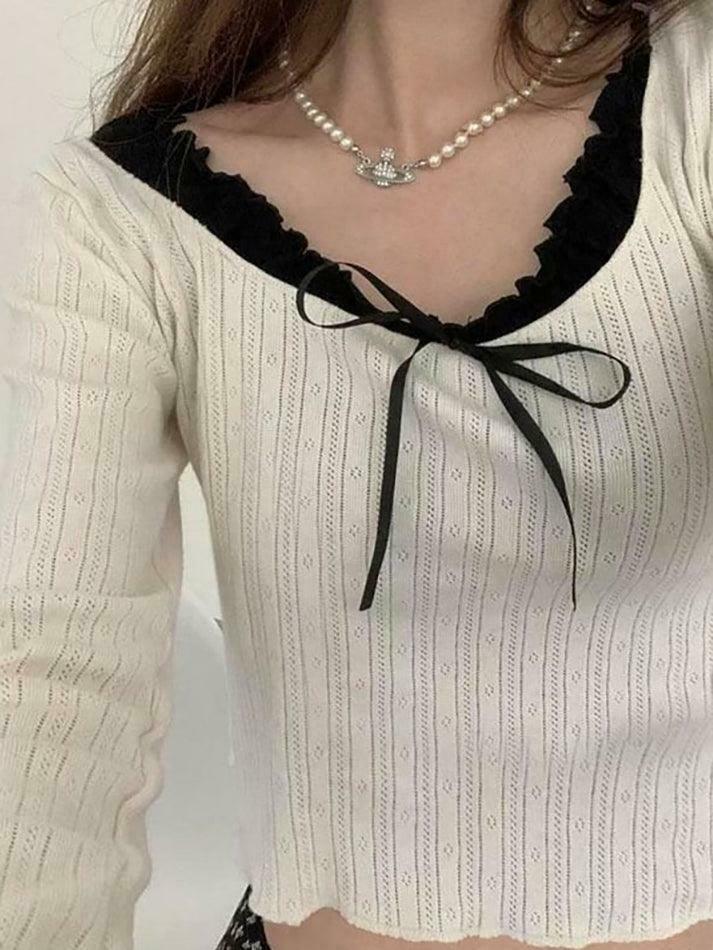 Y2K Aesthetic Long Sleeve Mock Two Piece Bow Crop Top