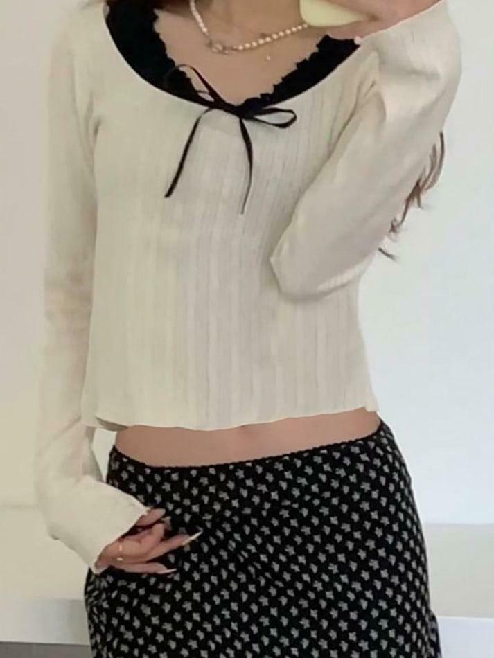 Y2K Aesthetic Long Sleeve Mock Two Piece Bow Crop Top