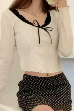 Y2K Aesthetic Long Sleeve Mock Two Piece Bow Crop Top