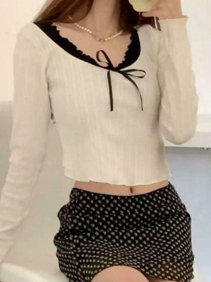 Y2K Aesthetic Long Sleeve Mock Two Piece Bow Crop Top
