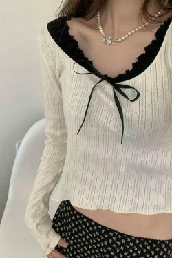 Y2K Aesthetic Long Sleeve Mock Two Piece Bow Crop Top