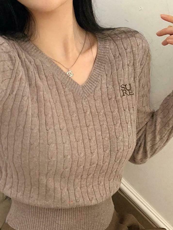 Y2K Aesthetic Long Sleeve V-Neck Cable-Knit Crop Top with Embroidered Lettering