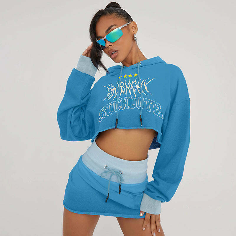 Y2K Aesthetic Long Sleeved Hooded Sweater & High Waist Hip Skirt Suit