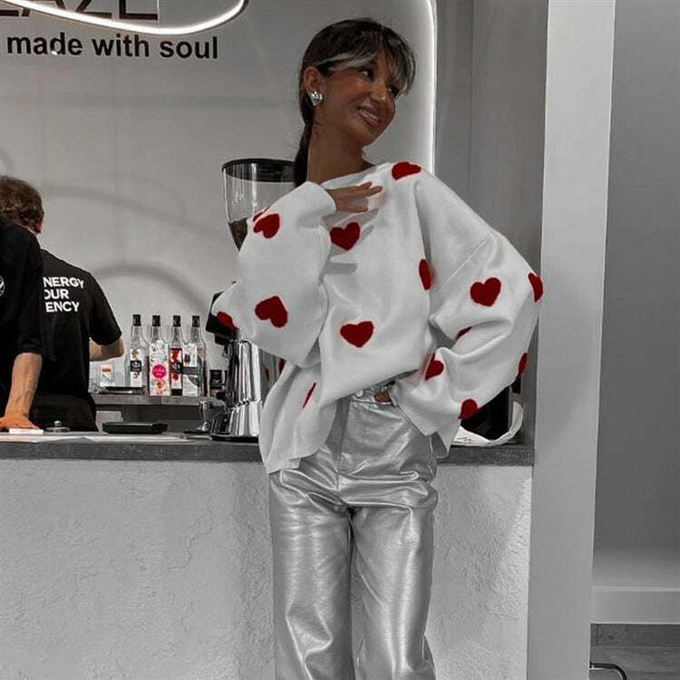 Y2K Aesthetic Loose Hearts Casual Sweater for Women - Coquette & Grunge Style Fashion