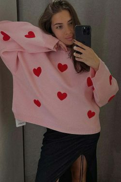 Y2K Aesthetic Loose Hearts Casual Sweater for Women - Coquette & Grunge Style Fashion