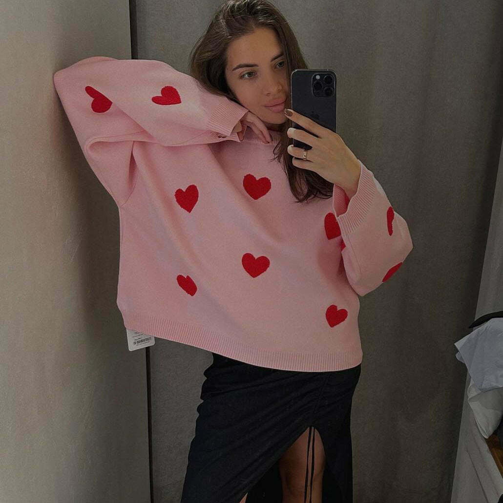 Y2K Aesthetic Loose Hearts Casual Sweater for Women - Coquette & Grunge Style Fashion