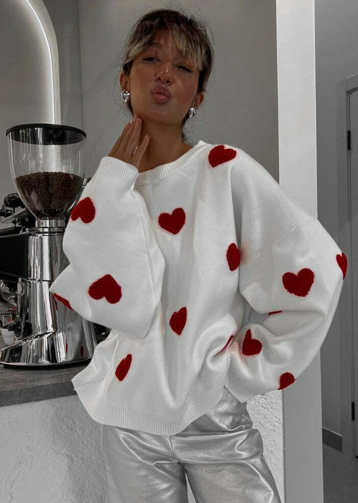 Y2K Aesthetic Loose Hearts Casual Sweater for Women - Coquette & Grunge Style Fashion