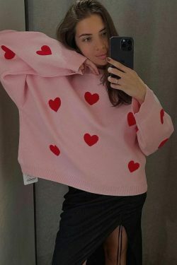 Y2K Aesthetic Loose Hearts Casual Sweater for Women - Coquette & Grunge Style Fashion