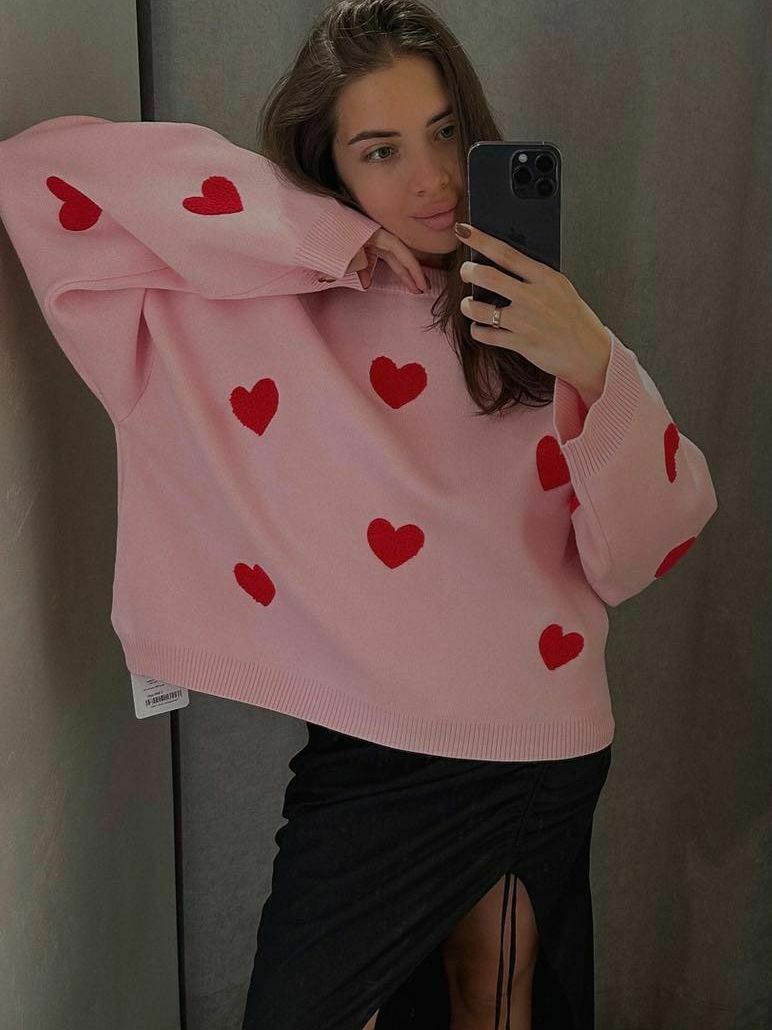 Y2K Aesthetic Loose Hearts Casual Sweater for Women - Coquette & Grunge Style Fashion
