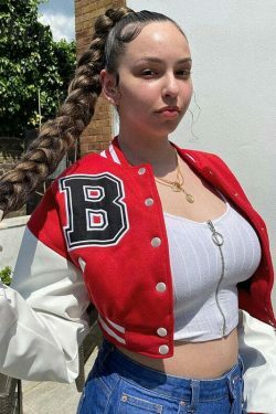 Y2K Aesthetic Lora Oversize Crop Patchwork Baseball Jacket