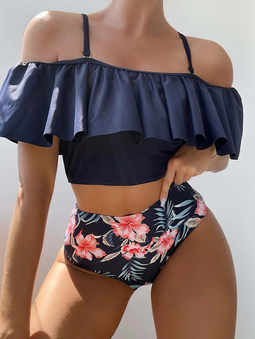 Y2K Aesthetic Lotus Leaf Swimsuit Off the Shoulder Bikini for Women - Niche Fashion