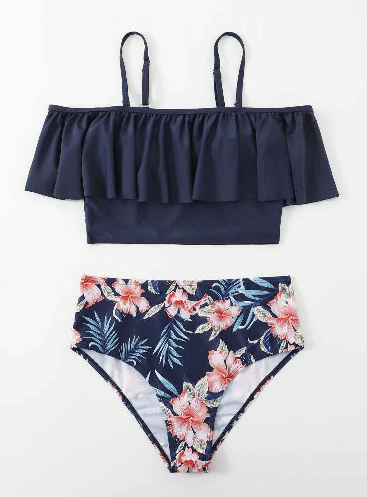 Y2K Aesthetic Lotus Leaf Swimsuit Off the Shoulder Bikini for Women - Niche Fashion