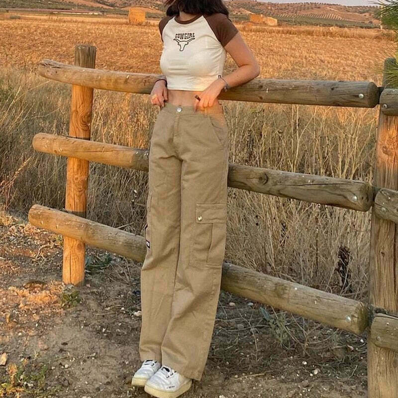 Y2K Aesthetic Low Waist Cargo Khaki Pants - Vintage 90s Style Women's Fashion