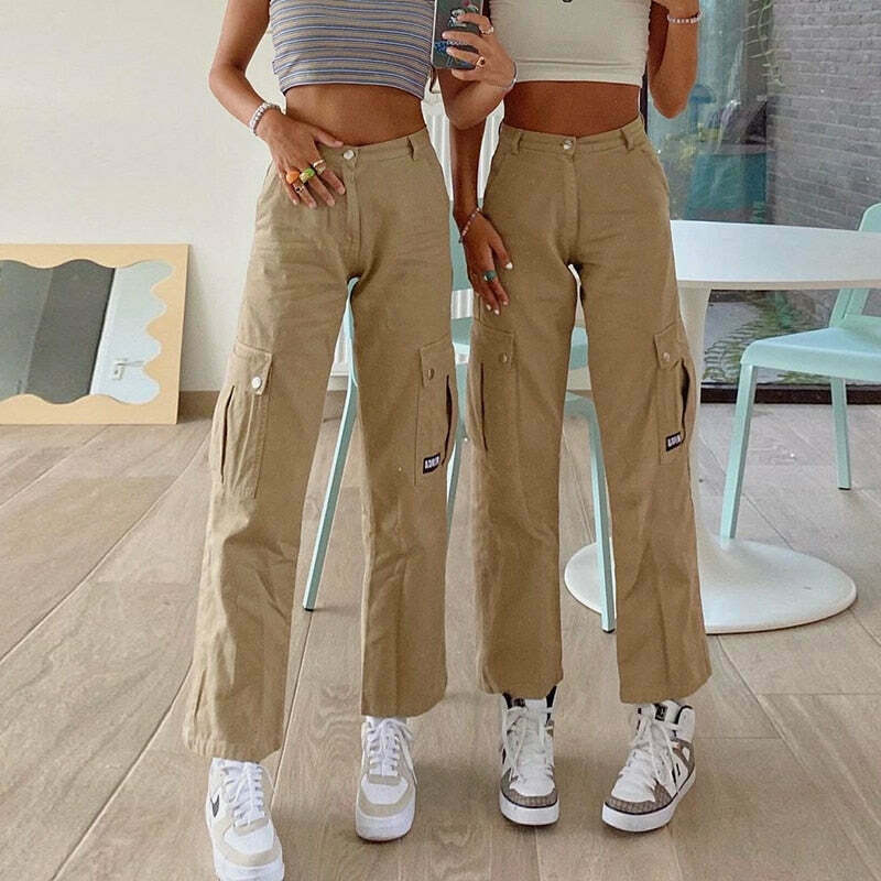 Y2K Aesthetic Low Waist Cargo Khaki Pants - Vintage 90s Style Women's Fashion