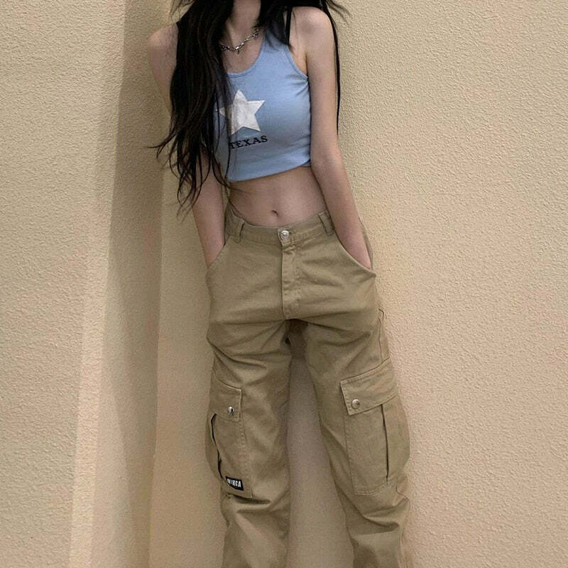 Y2K Aesthetic Low Waist Cargo Khaki Pants - Vintage 90s Style Women's Fashion