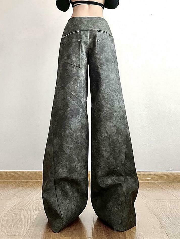 Y2K Aesthetic Low Waist Tie Dye Faux Leather Wide Leg Pants for Women - Coquette Grunge Fashion